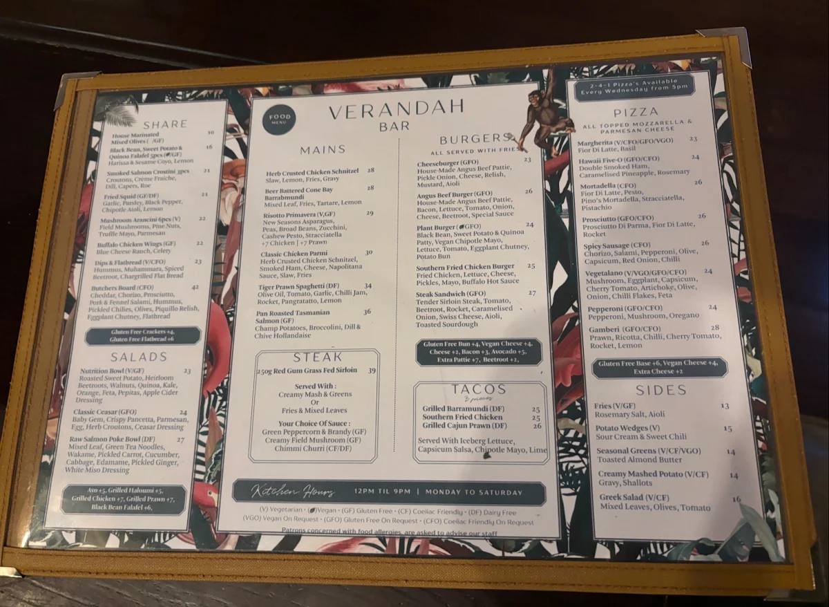 Menu, Verandah Bar