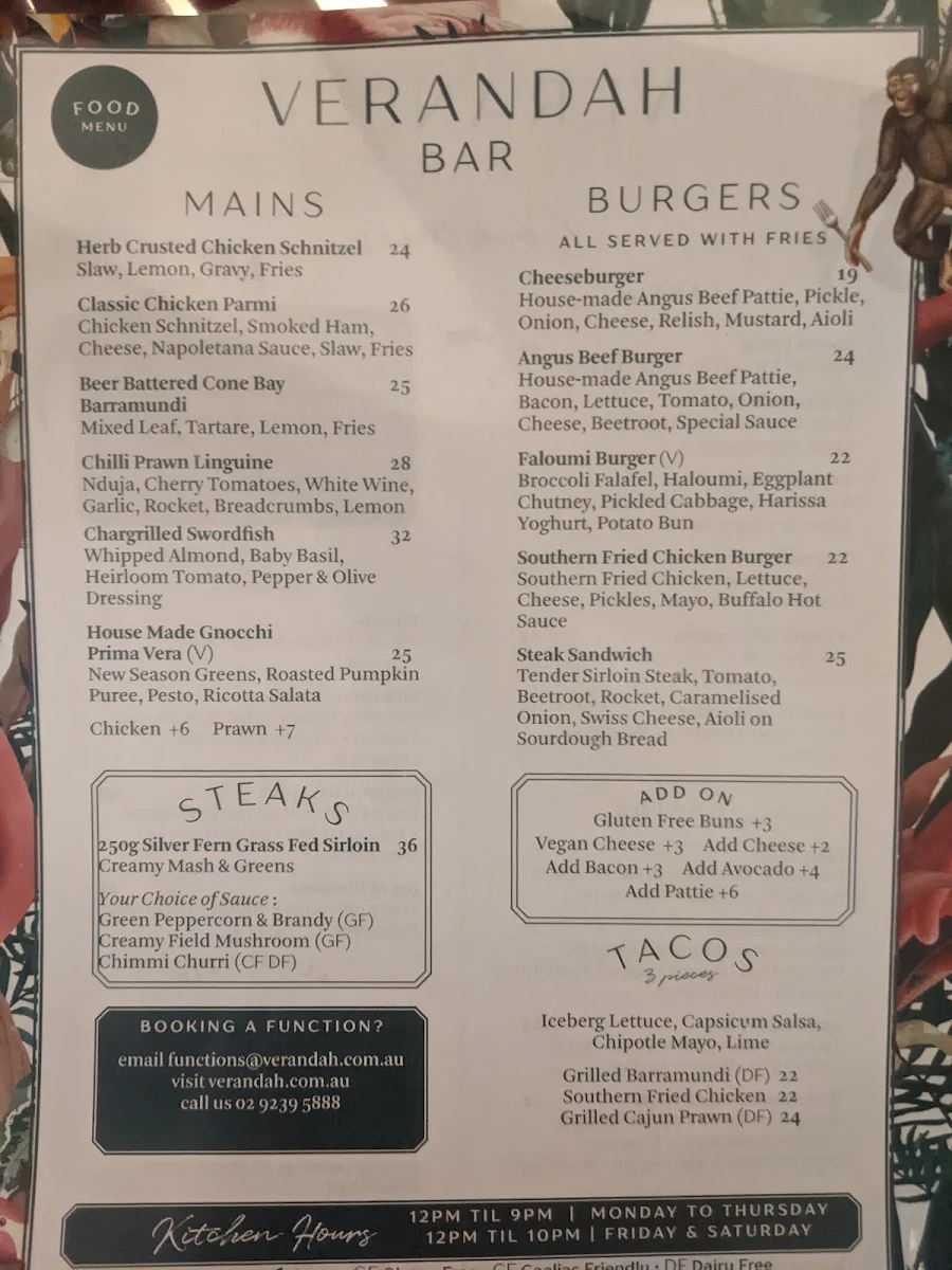 Menu, Verandah Bar