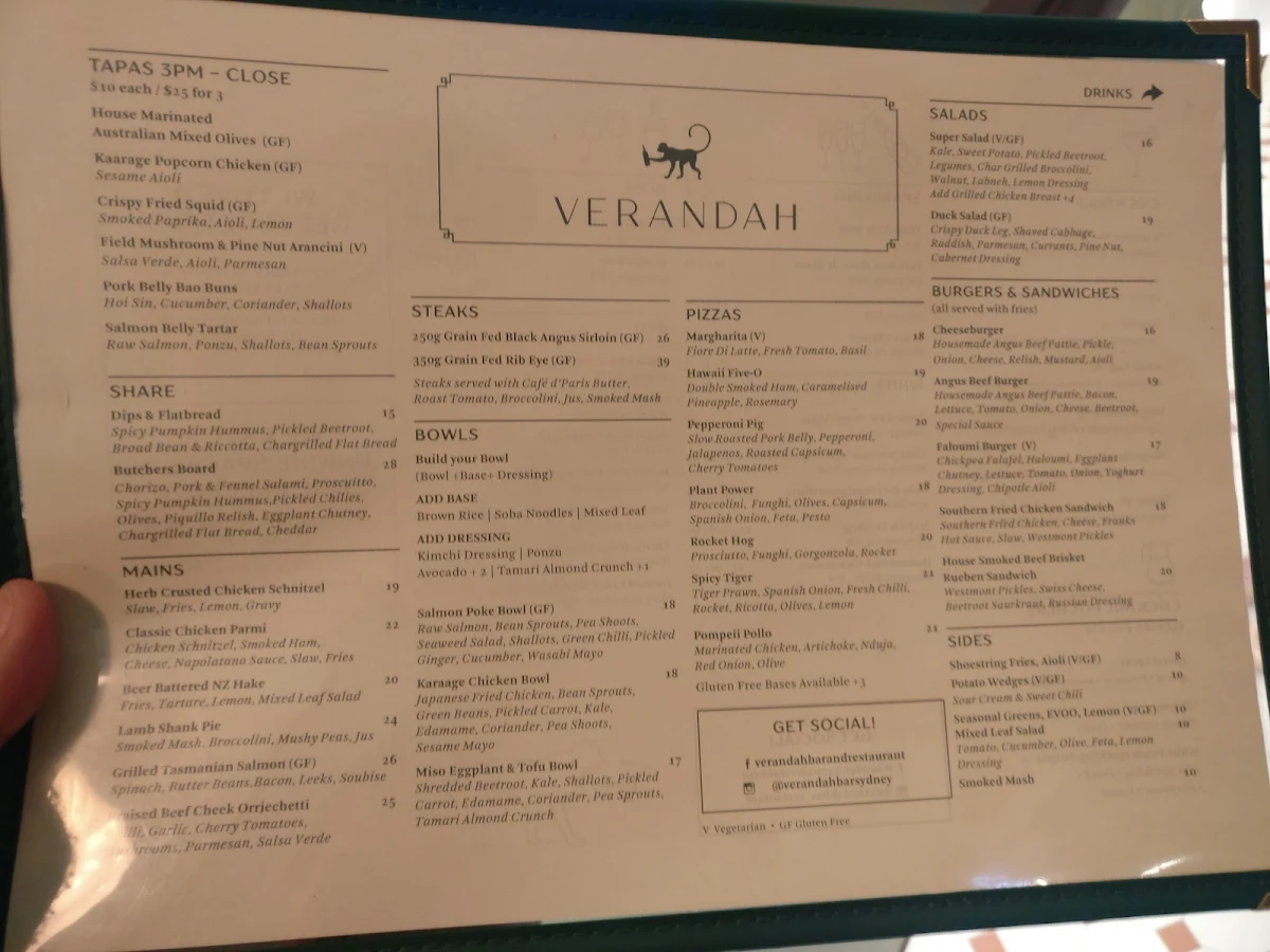 Menu, Verandah Bar