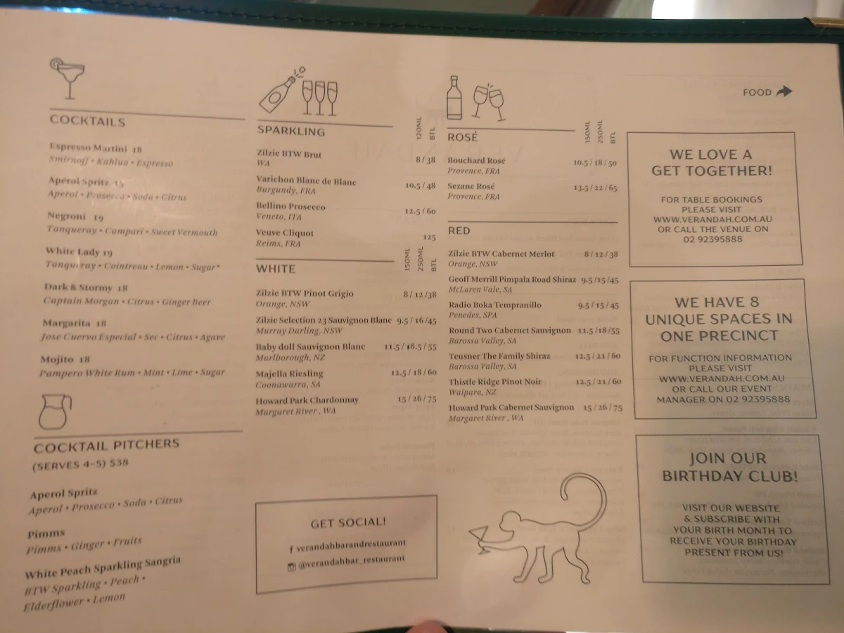 Menu, Verandah Bar