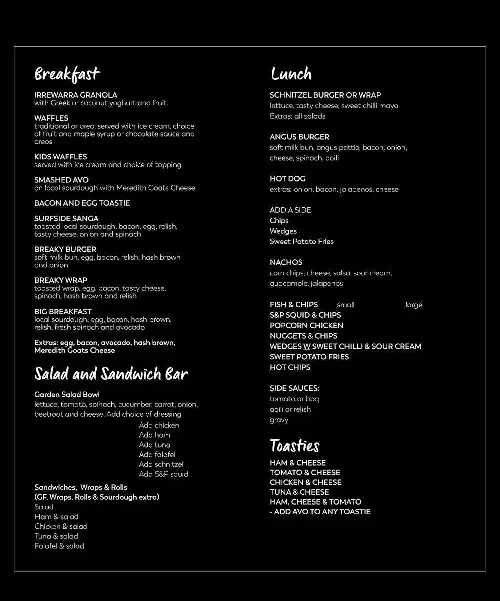 Menu, Surfside Cafe