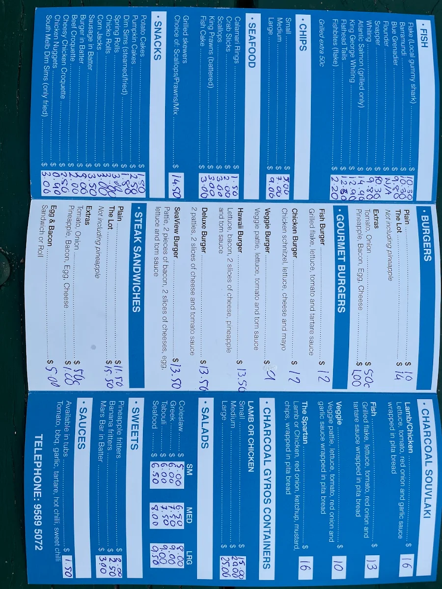 Menu, Seaview Fish & Chips Beaumaris