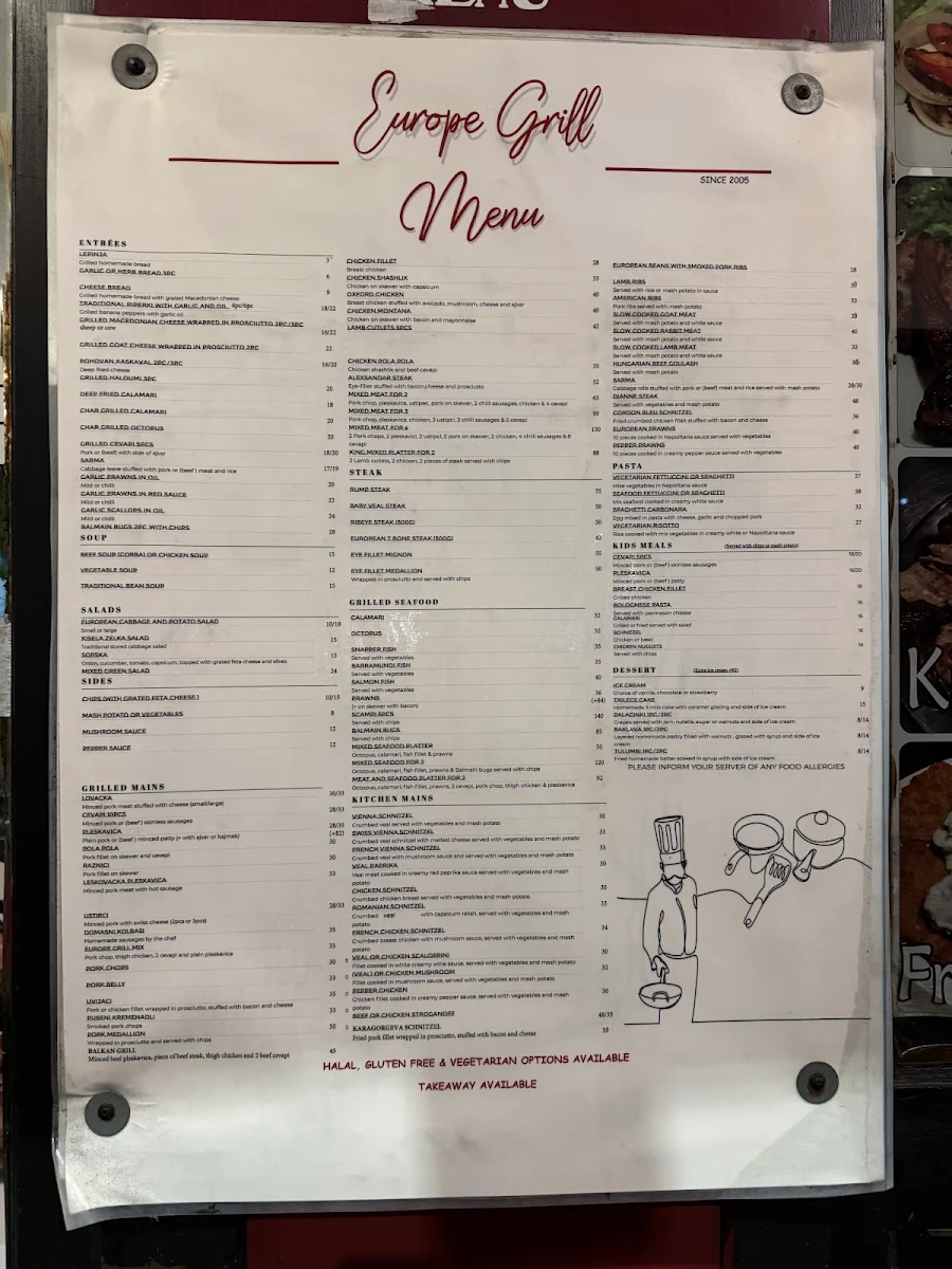 Menu, Europe Grill