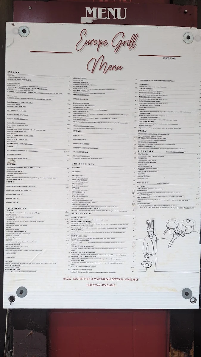 Menu, Europe Grill