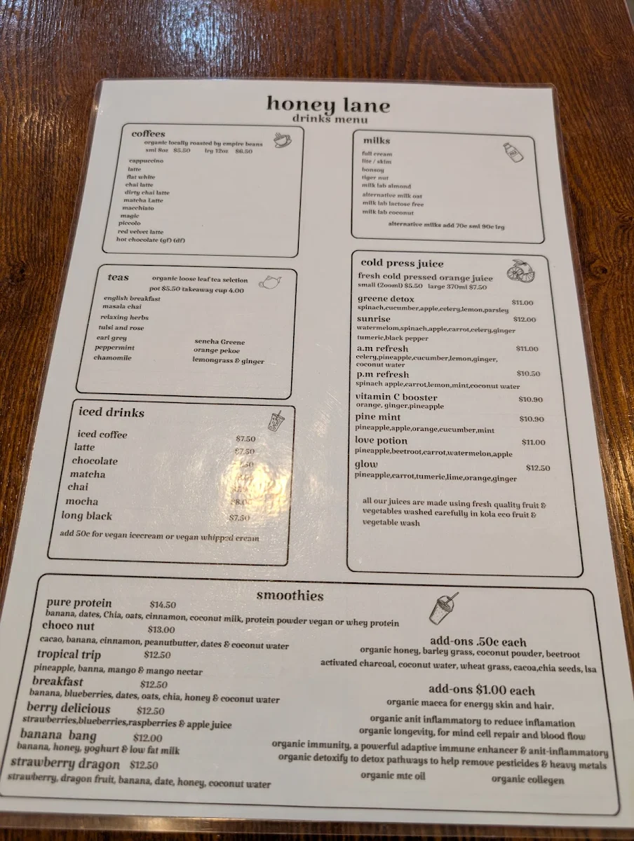 Menu, Honey Lane Cafe