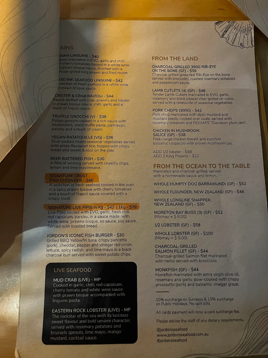 Menu, Jordon's Seafood