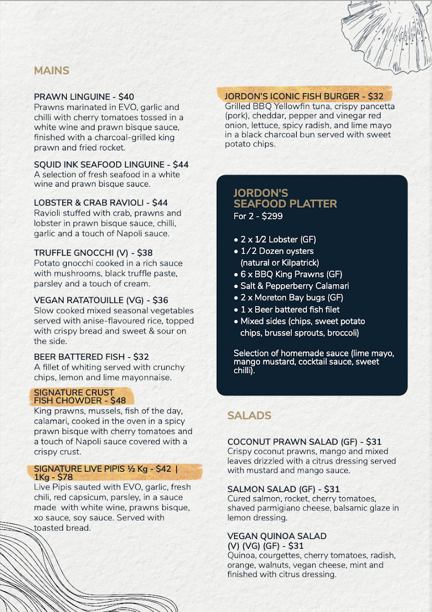 Menu, Jordon's Seafood
