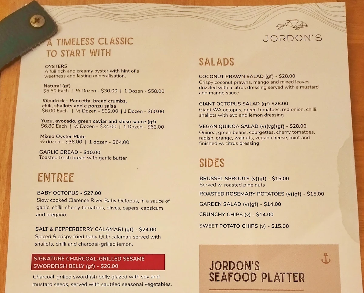 Menu, Jordon's Seafood