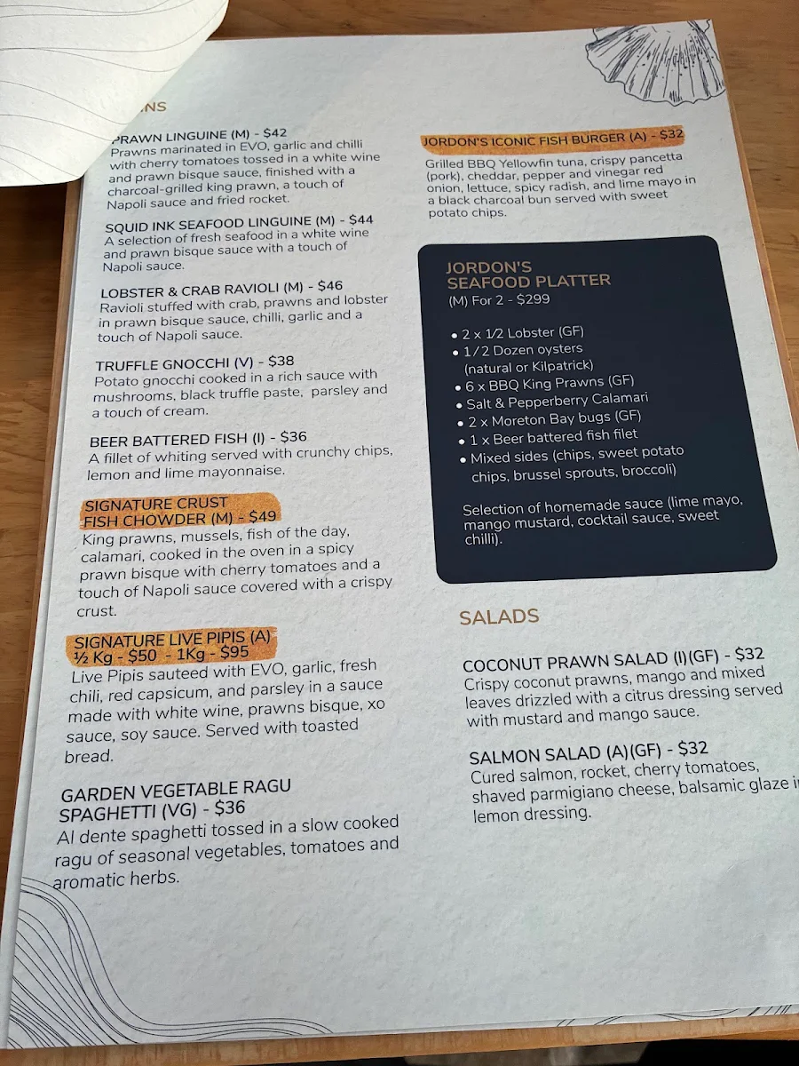 Menu, Jordon's Seafood