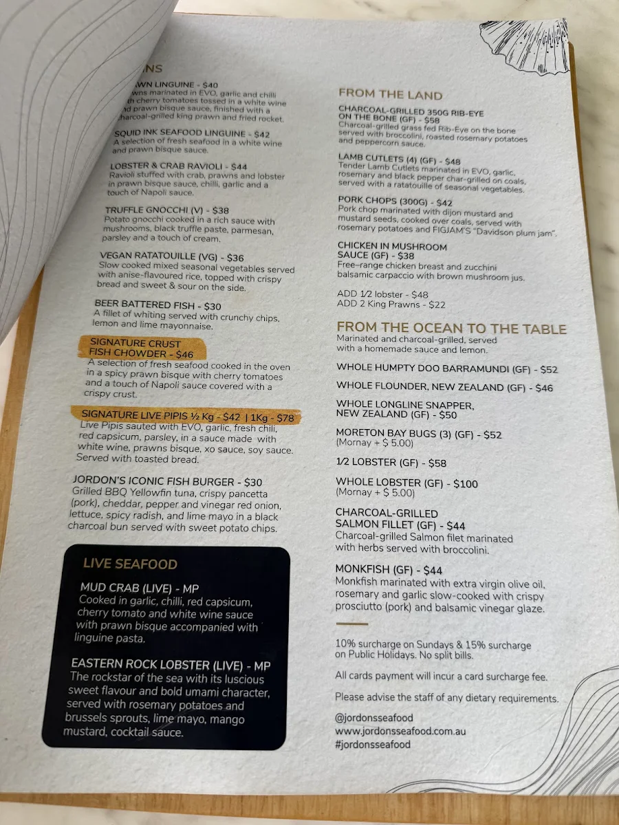 Menu, Jordon's Seafood