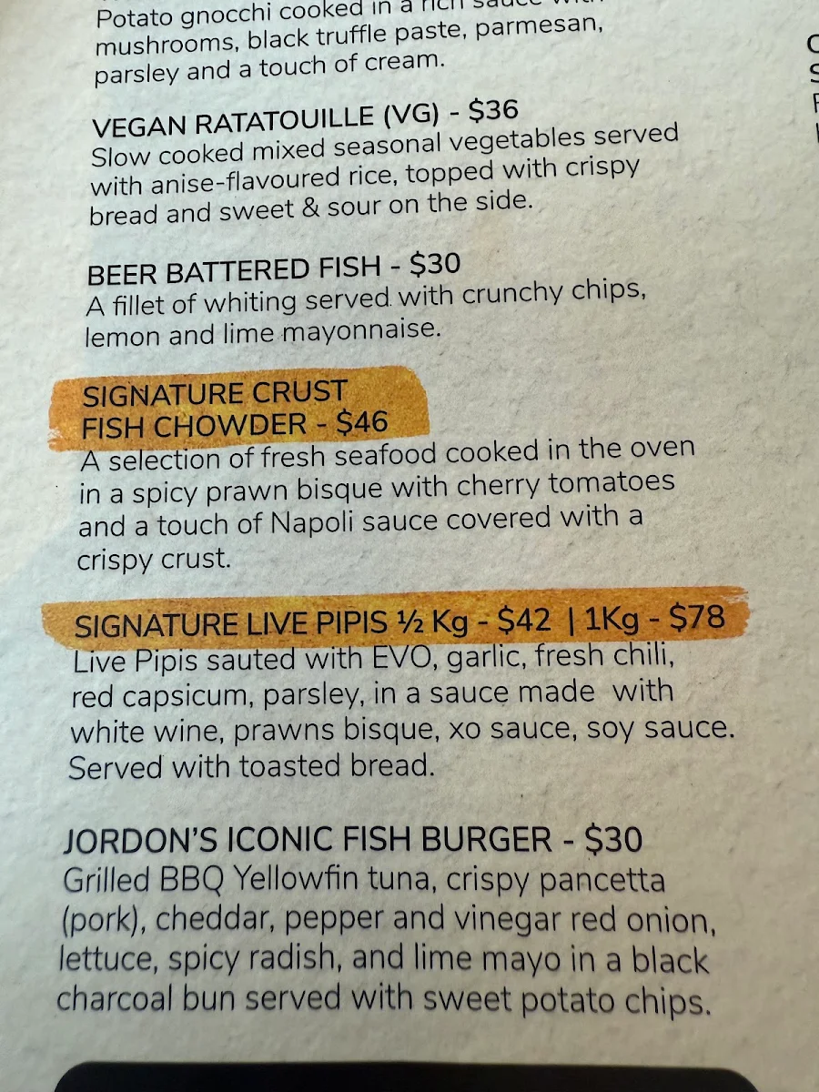 Menu, Jordon's Seafood