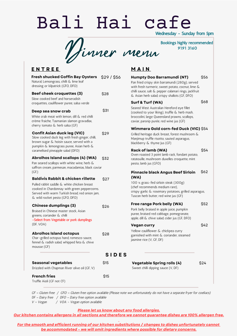 Menu, Bali Hai Cafe & Restaurant