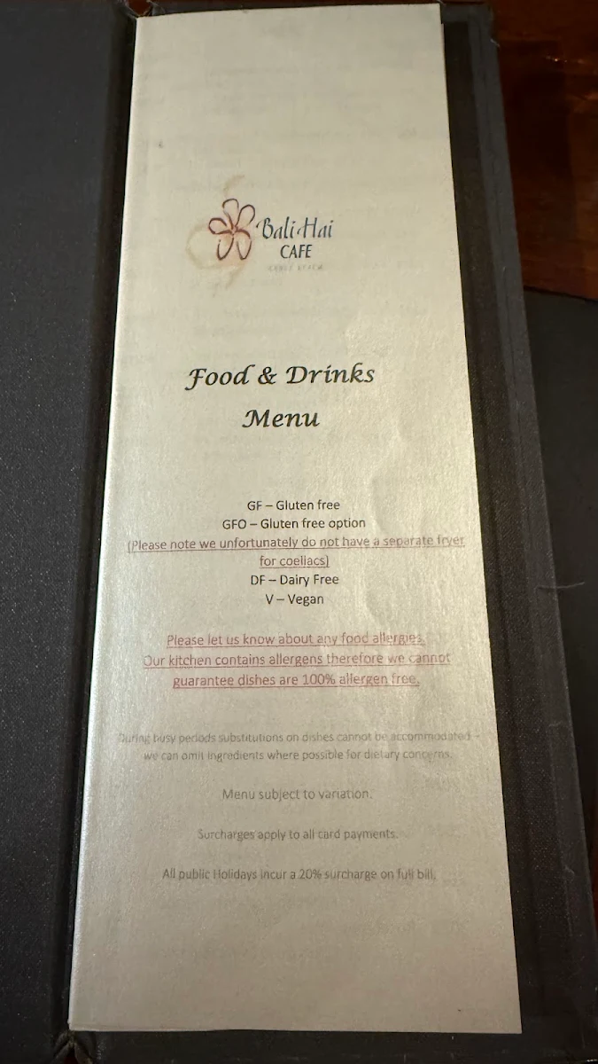 Menu, Bali Hai Cafe & Restaurant