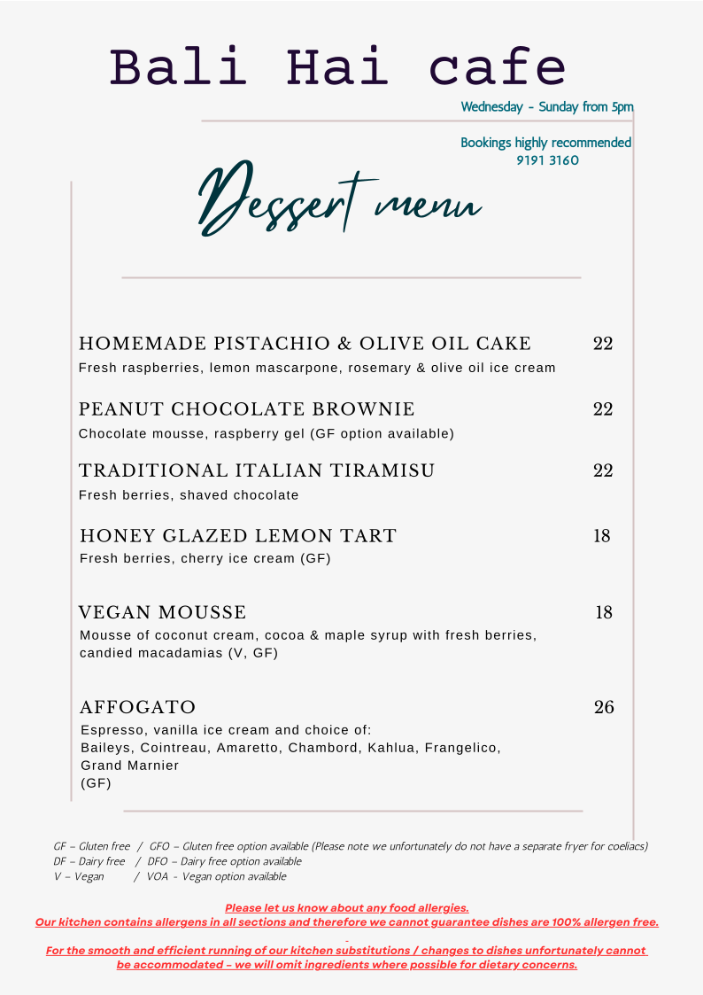 Menu, Bali Hai Cafe & Restaurant