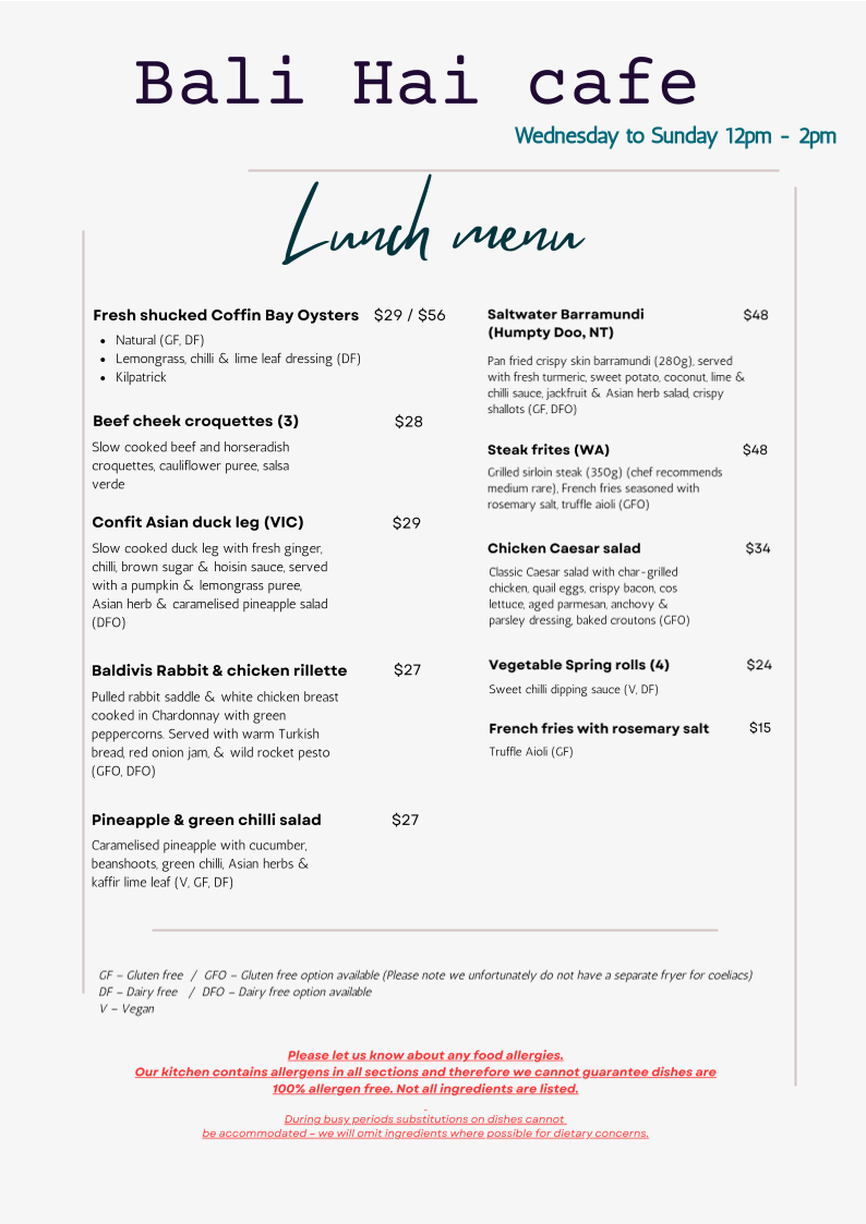 Menu, Bali Hai Cafe & Restaurant