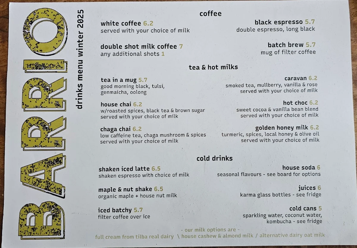 Menu, Barrio Collective Coffee