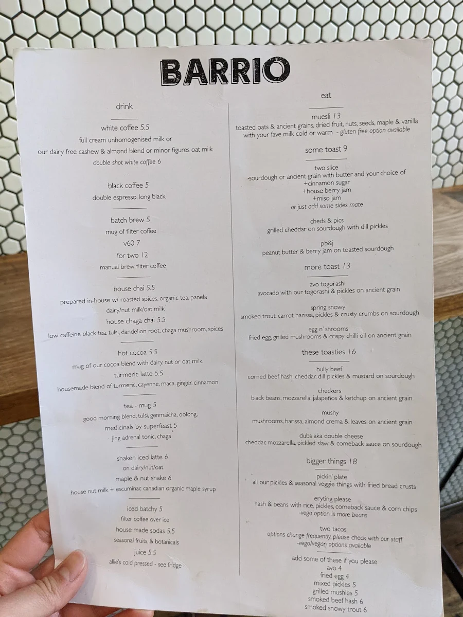 Menu, Barrio Collective Coffee