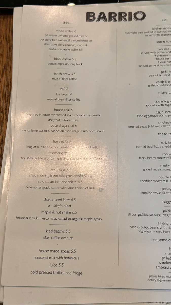 Menu, Barrio Collective Coffee