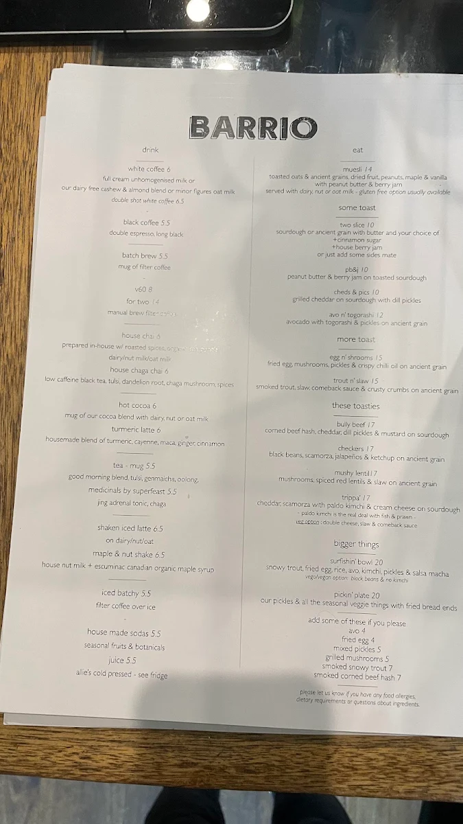 Menu, Barrio Collective Coffee