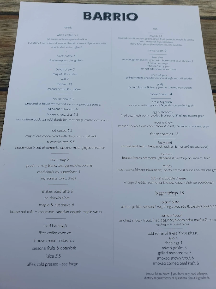 Menu, Barrio Collective Coffee