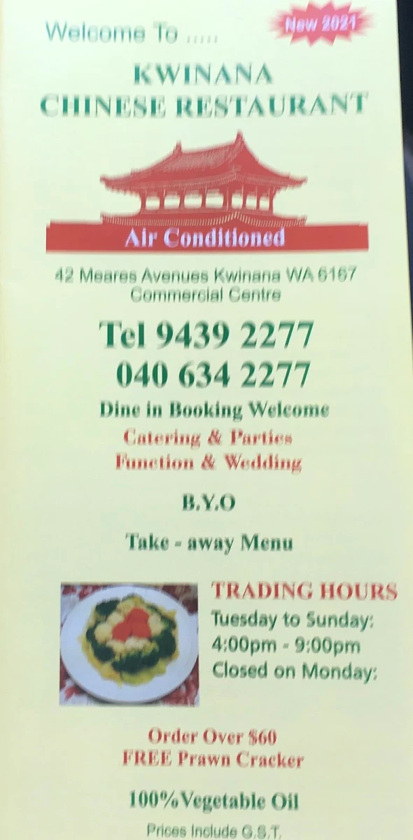 Menu, Kwinana Chinese Restaurant