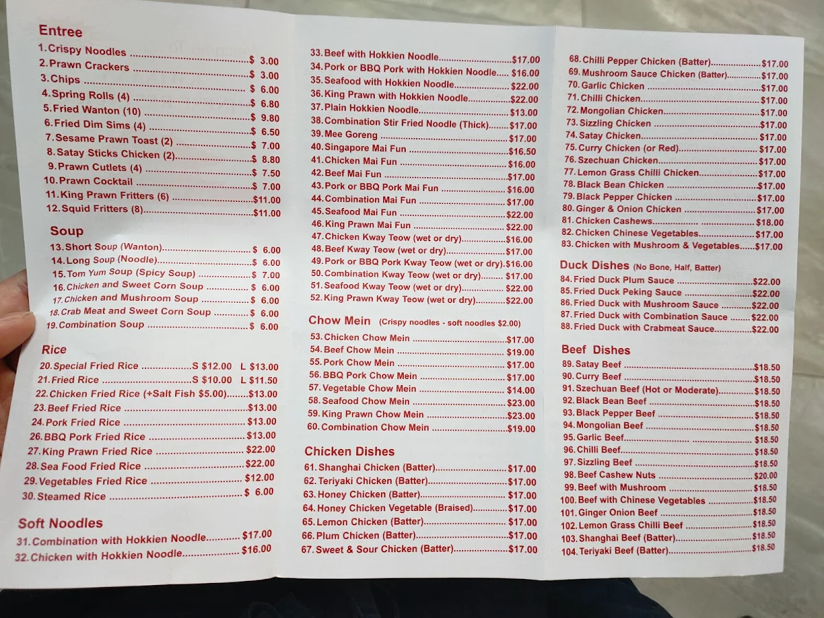 Menu, Kwinana Chinese Restaurant