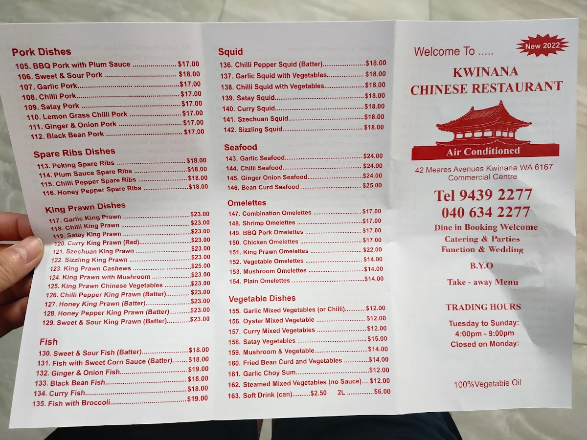 Menu, Kwinana Chinese Restaurant