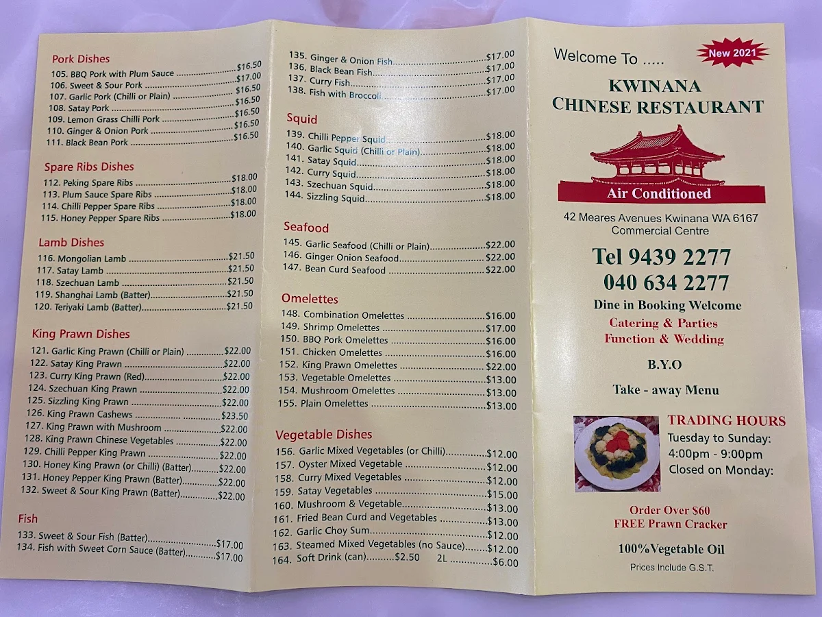Menu, Kwinana Chinese Restaurant
