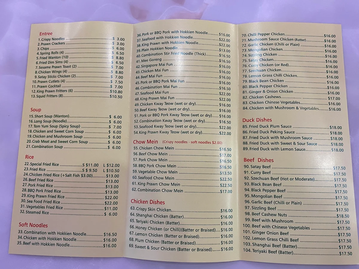 Menu, Kwinana Chinese Restaurant