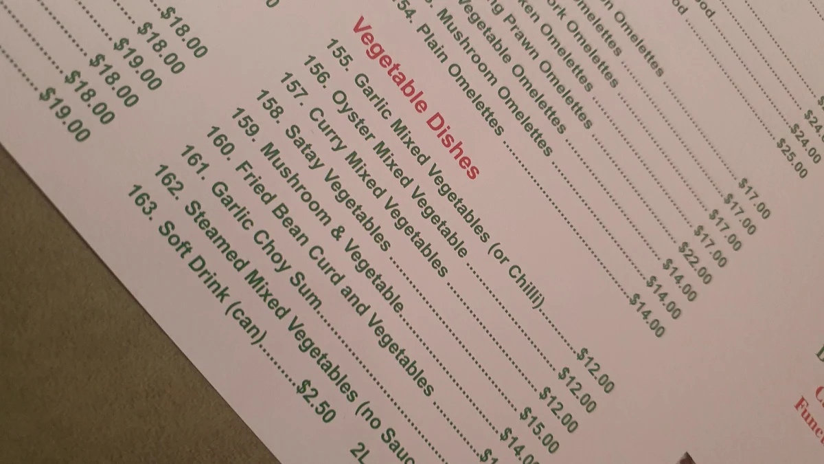 Menu, Kwinana Chinese Restaurant