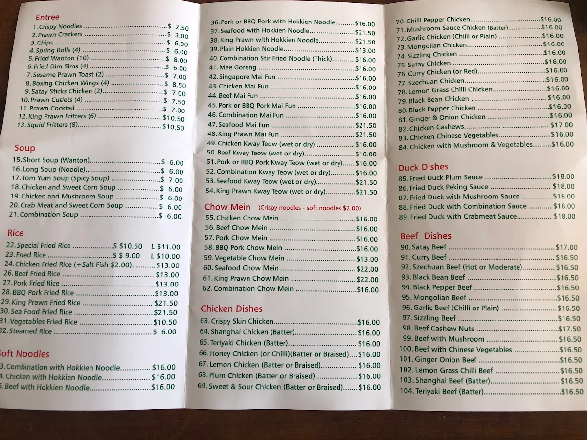 Menu, Kwinana Chinese Restaurant
