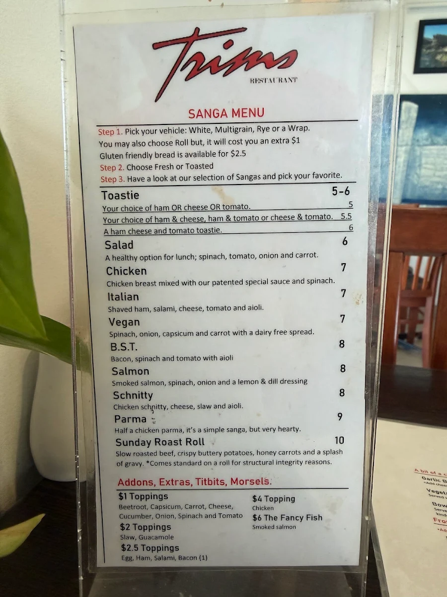 Menu, Trims Restaurant