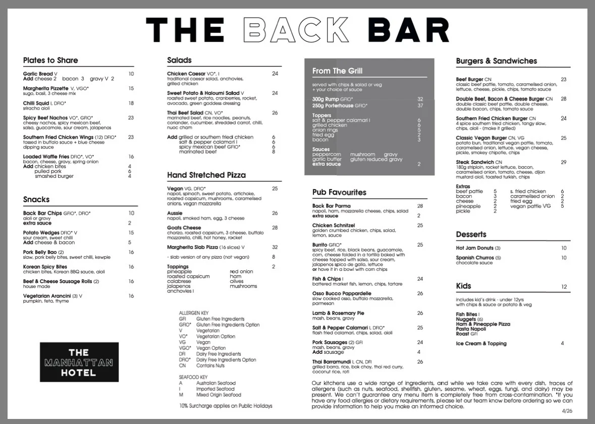 Menu, Manhattan Hotel