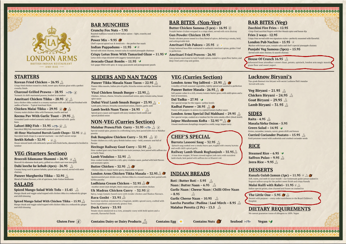 Menu, London Arms - British Indian Restaurant & Bar