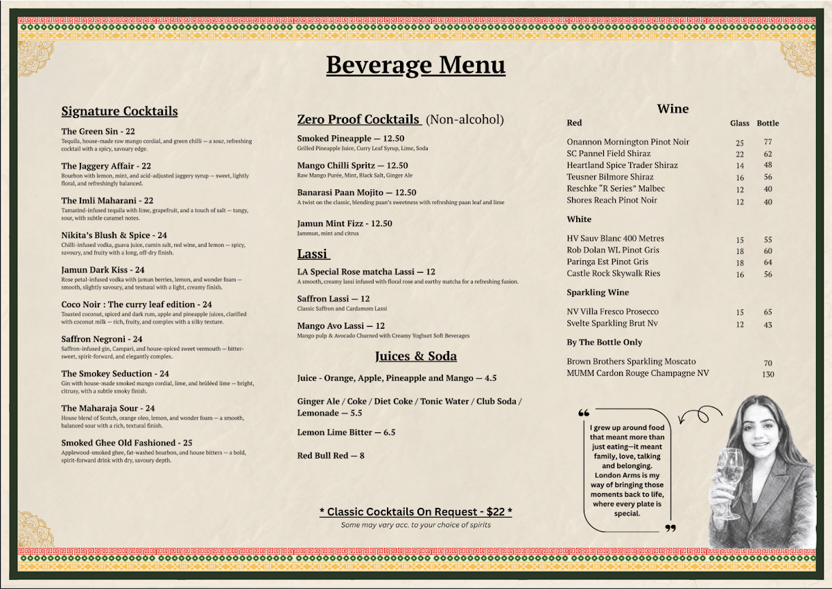 Menu, London Arms - British Indian Restaurant & Bar