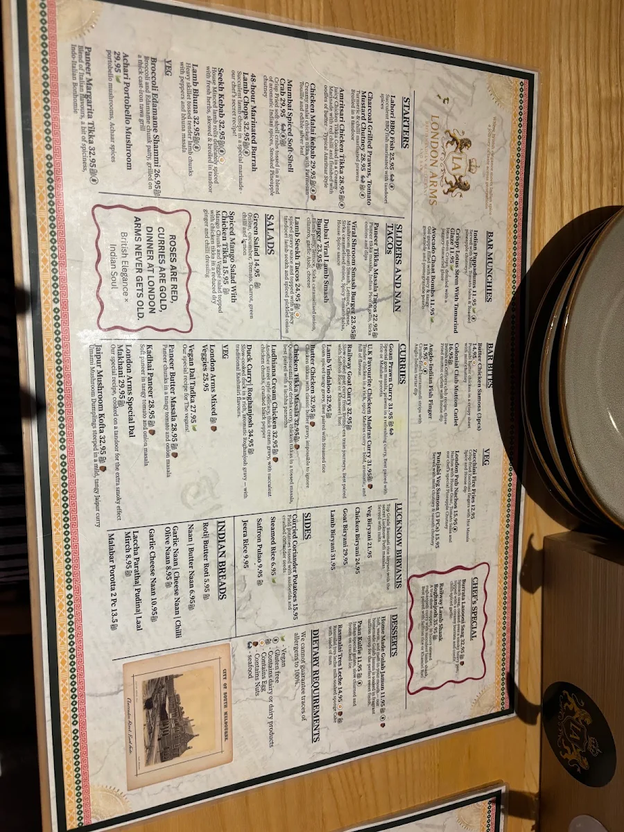 Menu, London Arms - British Indian Restaurant & Bar