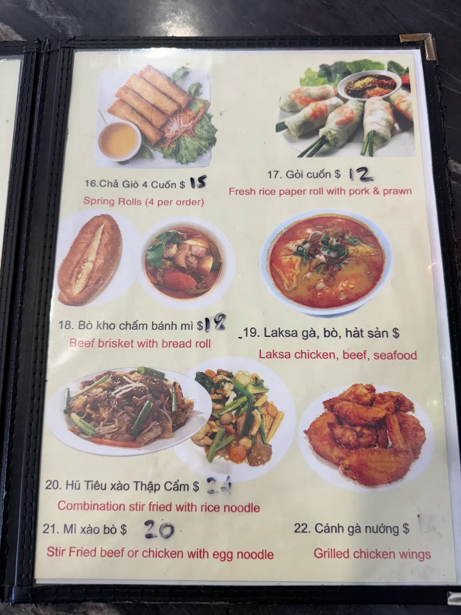 Menu, Jacob's Vietnamese Place