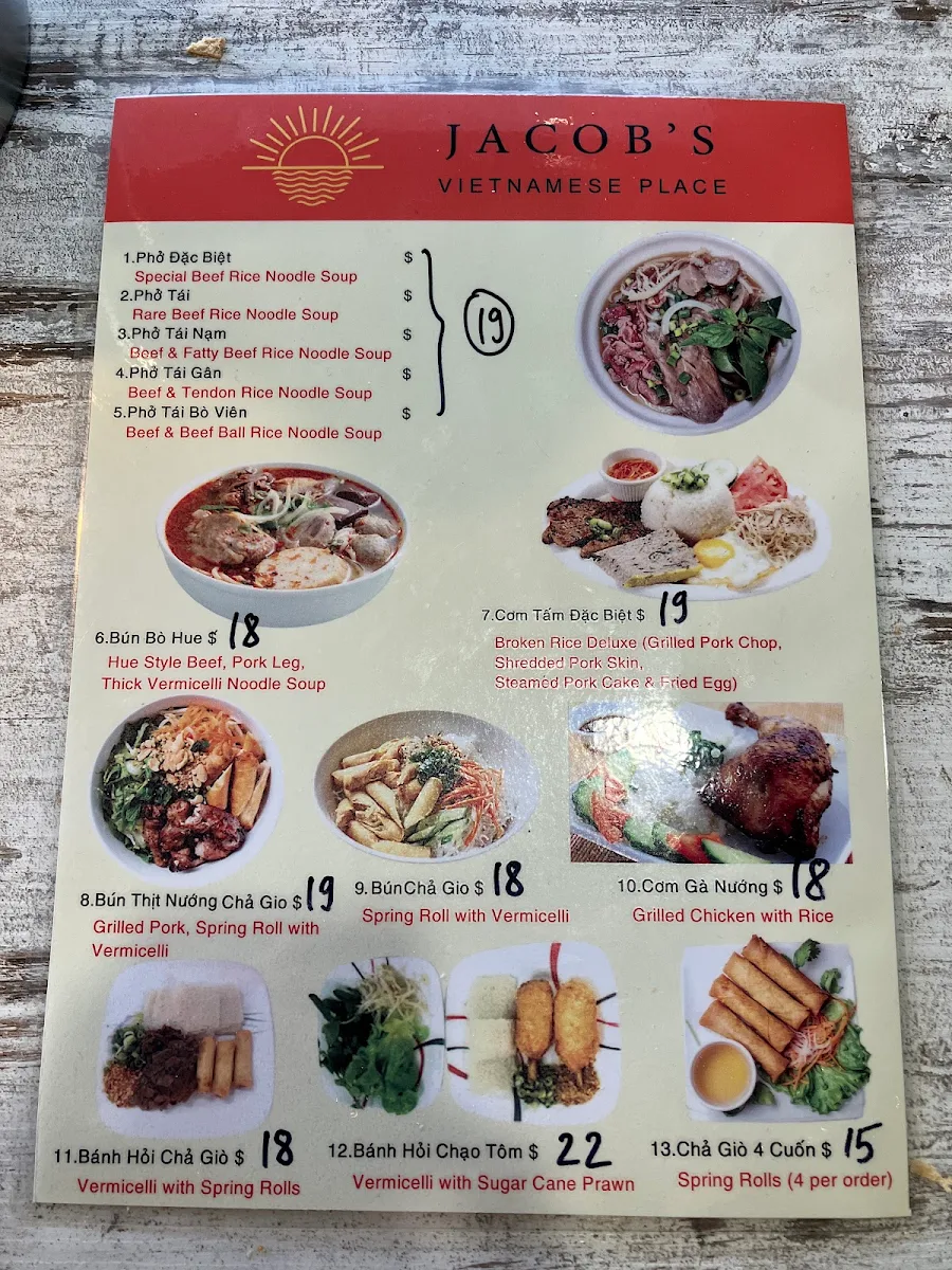 Menu, Jacob's Vietnamese Place