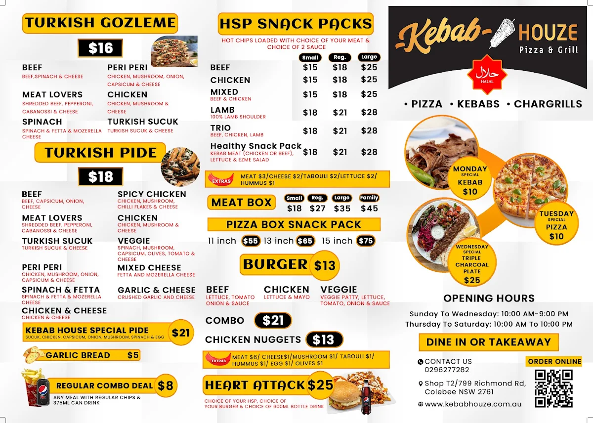 Menu, Kebab Houze Pizza and Grill Colebee