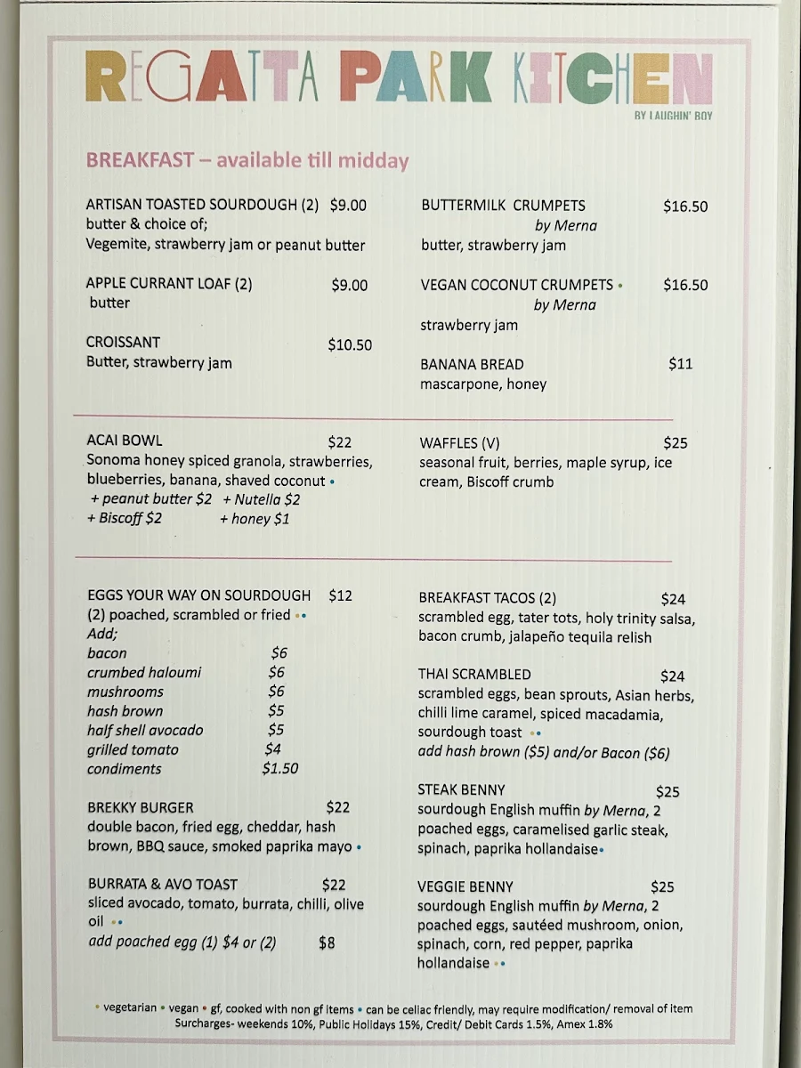 Menu, Regatta Park Kitchen
