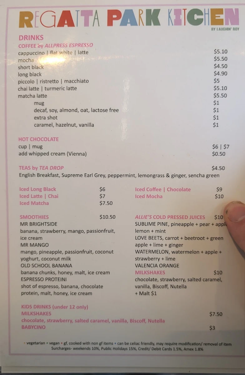 Menu, Regatta Park Kitchen