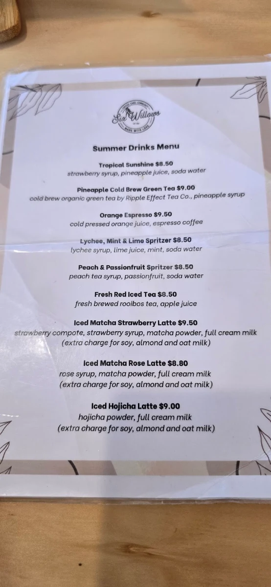 Menu, Six Willows Cafe