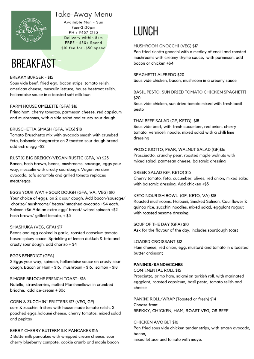Menu, Six Willows Cafe
