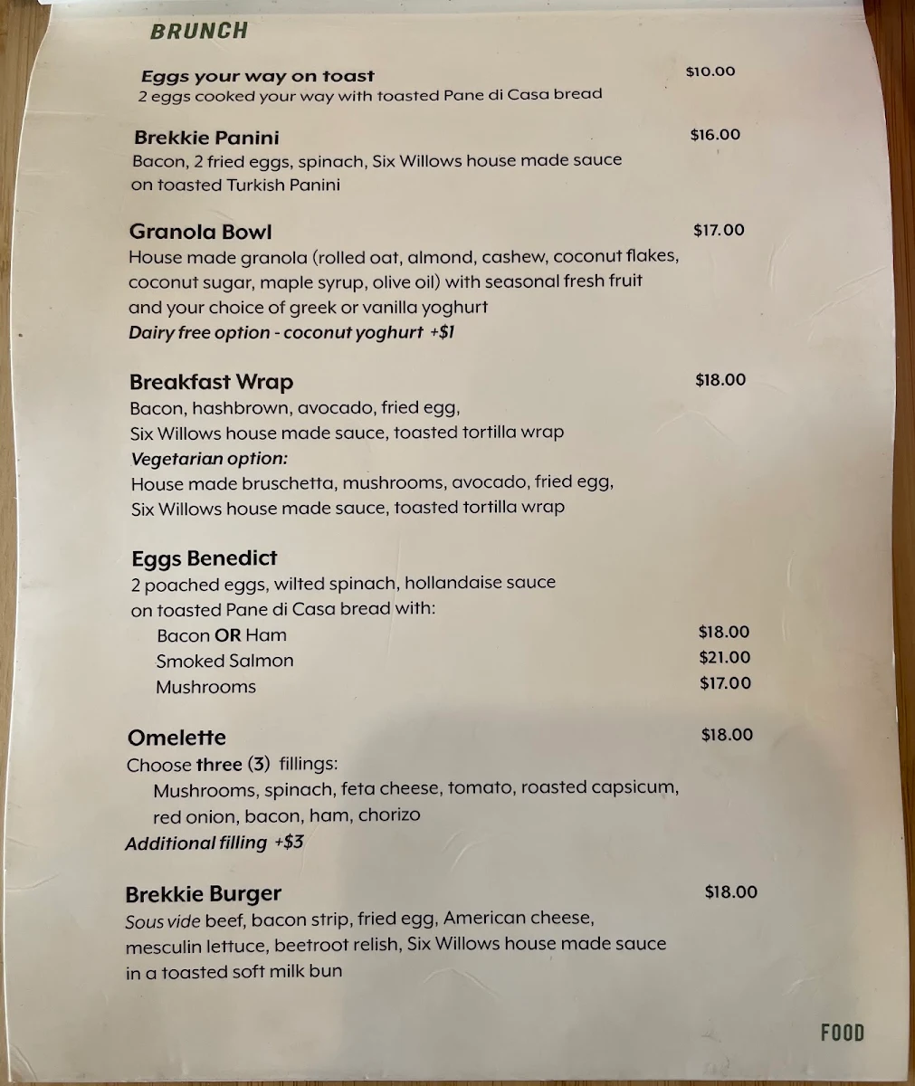 Menu, Six Willows Cafe