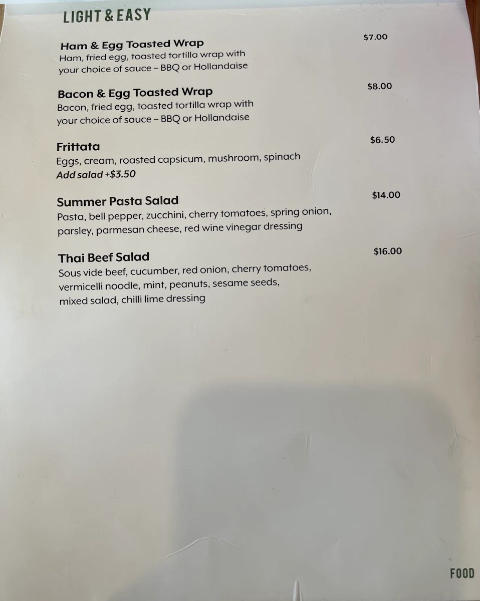 Menu, Six Willows Cafe