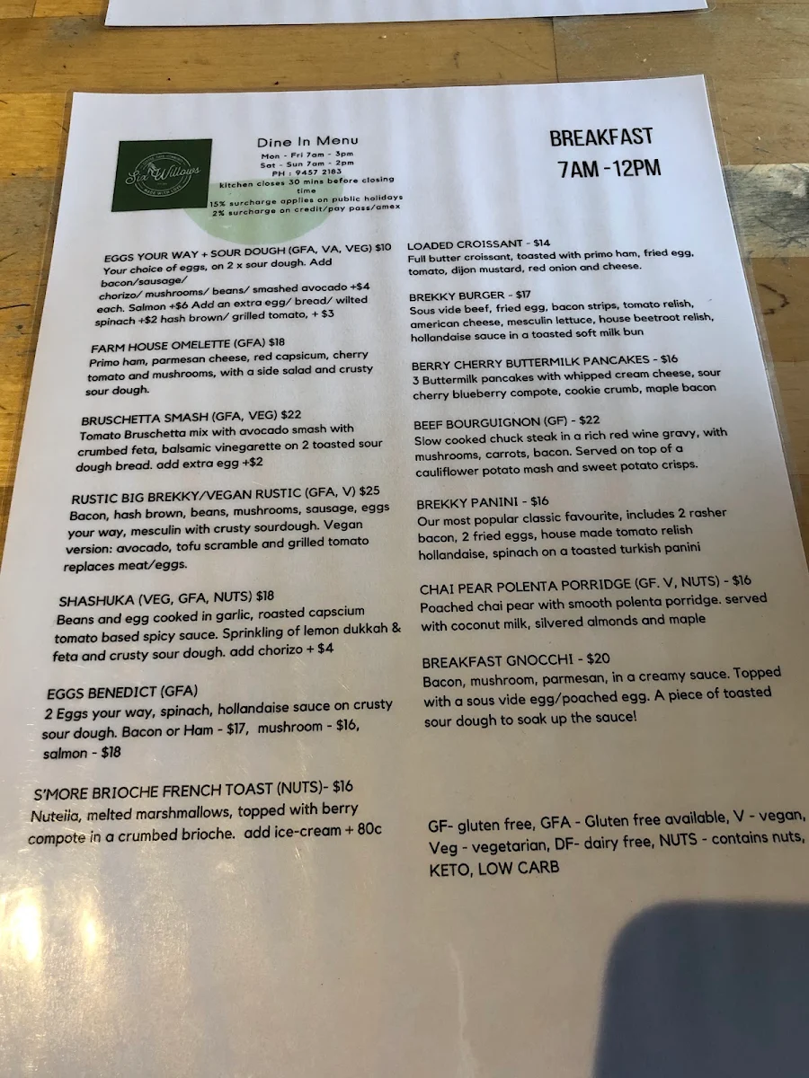 Menu, Six Willows Cafe