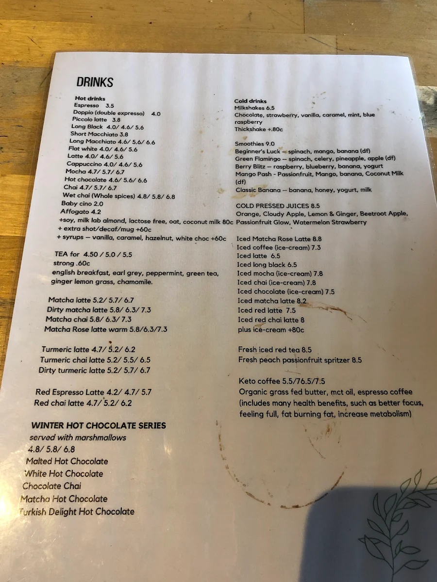 Menu, Six Willows Cafe