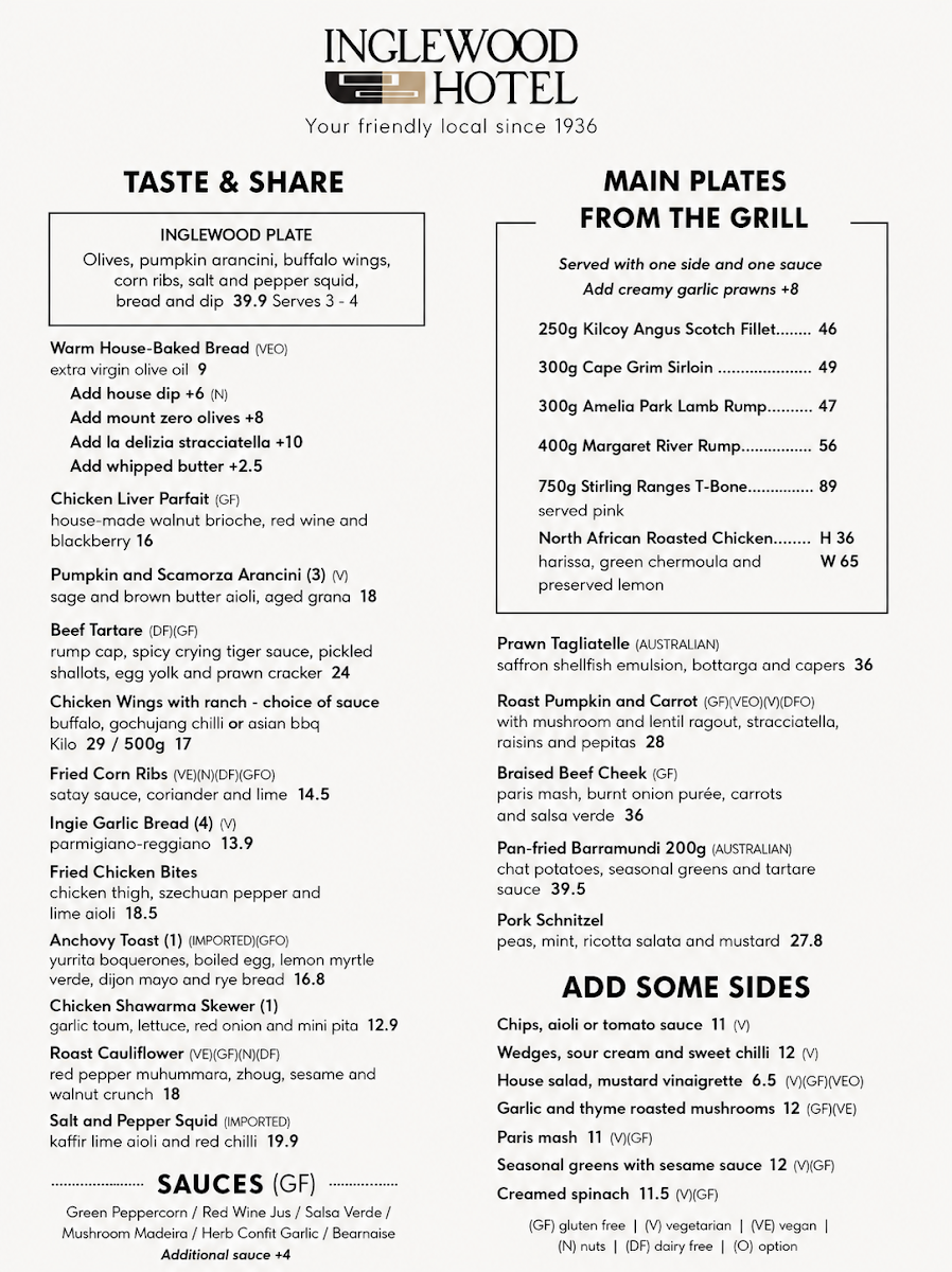 Menu, Inglewood Hotel