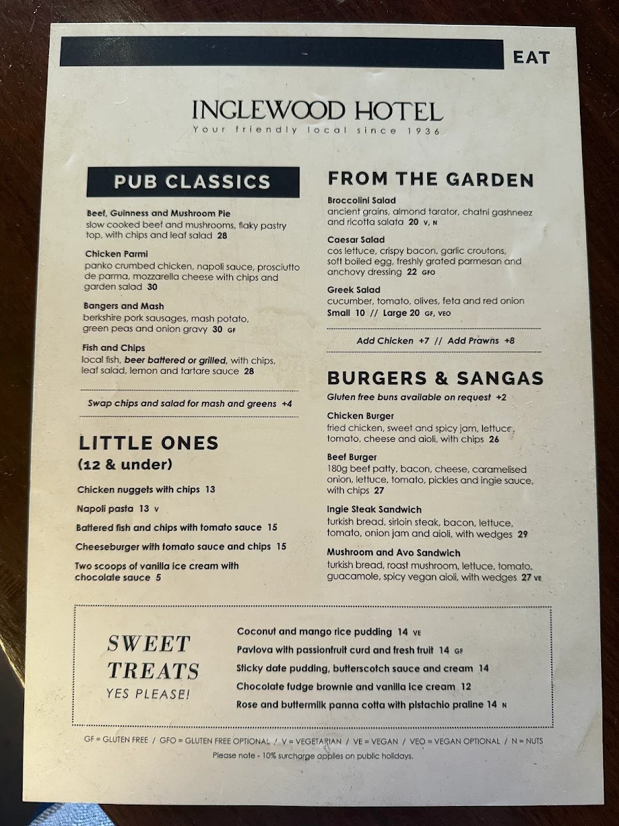 Menu, Inglewood Hotel