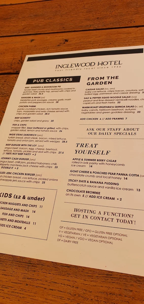 Menu, Inglewood Hotel